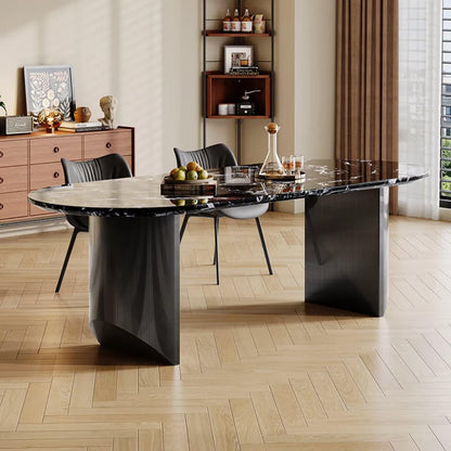 55.12"-70.87"Oval Black Marble Dining Table Set with 4 Chairs for Modern Kitchen