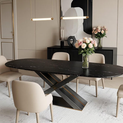 55.12"-78.74"Luxury Black Marble Oval Dining Table, Contemporary Table with Sleek Gold Metal Legs