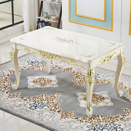 55"-62"Ornate European Dining Table, Cream White with Gold Accents & Curved Legs