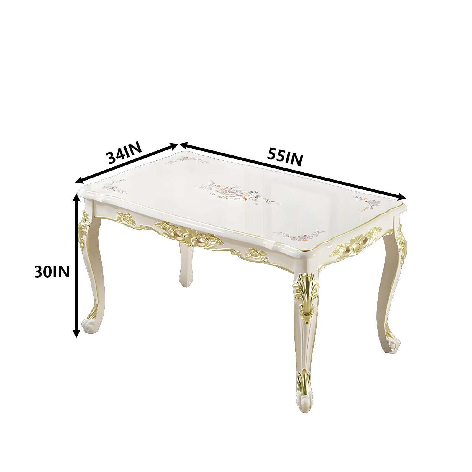 55"-62"Ornate European Dining Table, Cream White with Gold Accents & Curved Legs
