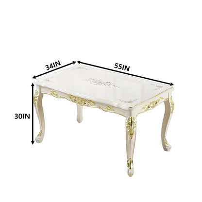 55"-62"Ornate European Dining Table, Cream White with Gold Accents & Curved Legs