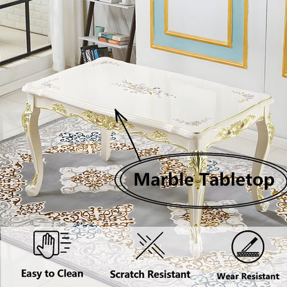 55"-62"Ornate European Dining Table, Cream White with Gold Accents & Curved Legs