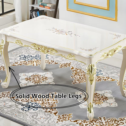 55"-62"Ornate European Dining Table, Cream White with Gold Accents & Curved Legs