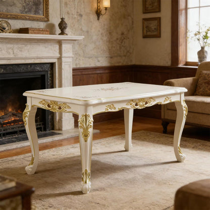 55"-62"Ornate European Dining Table, Cream White with Gold Accents & Curved Legs