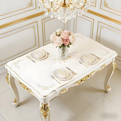55"-62"Ornate European Dining Table, Cream White with Gold Accents & Curved Legs