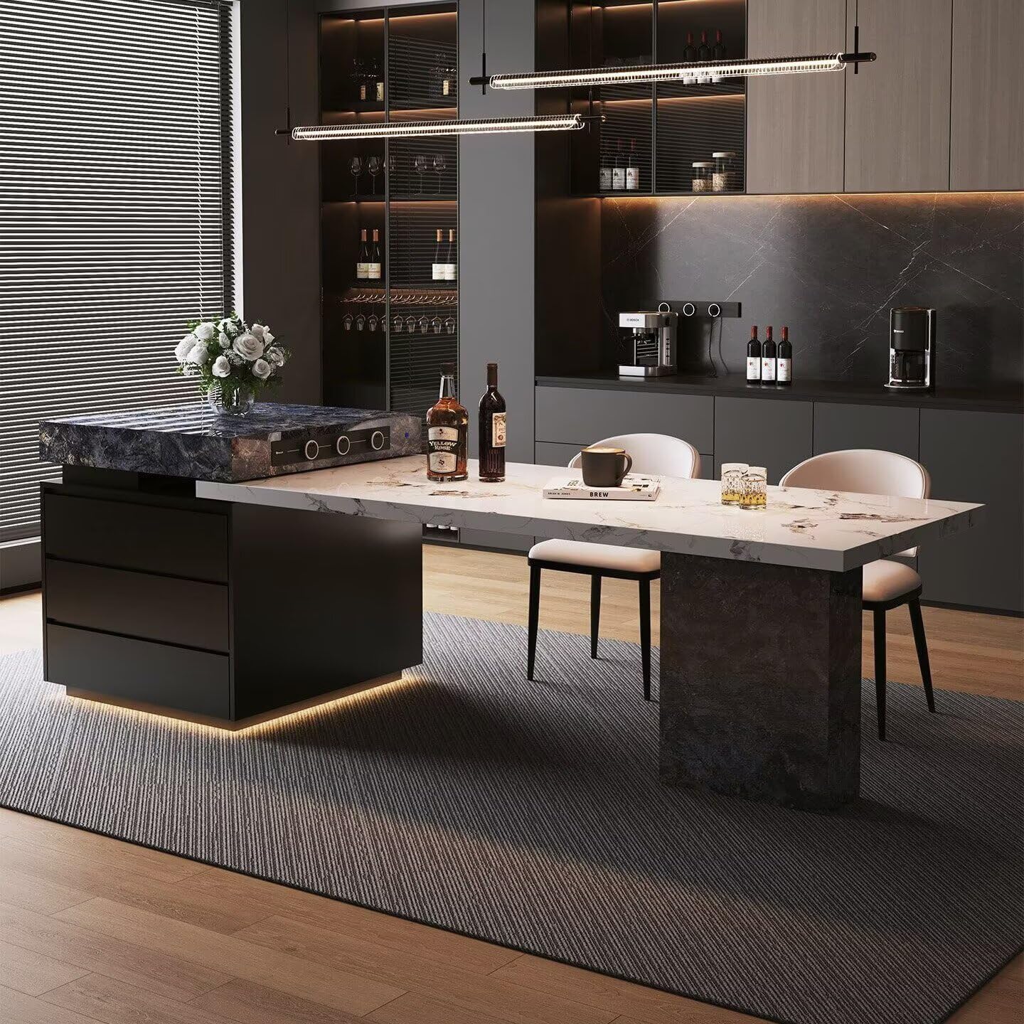 56"-96"Elegant 2-in-1 Marble Kitchen Island with Dining Table & Hidden Storage