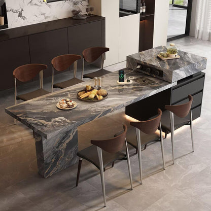 56"-96"Marble Kitchen Island with Dining Table, Wireless Charging & LED Lighting