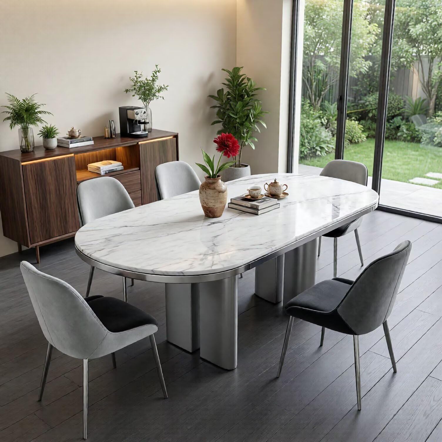 56"-96"Modern Oval White Marble Dining Table, Contemporary Table with Sleek Metal Legs