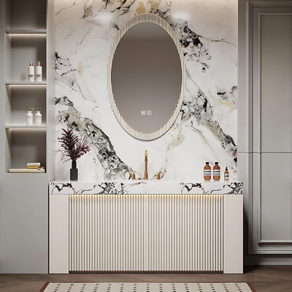 40”-64” Fluted Vanity, White Modern Cabinet with Marble Top & Oval LED Mirror