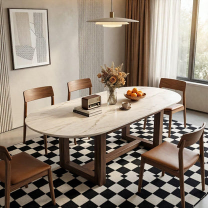 56“-96”Modern Oval Marble Dining Table, Contemporary Table with Sturdy Wood Legs