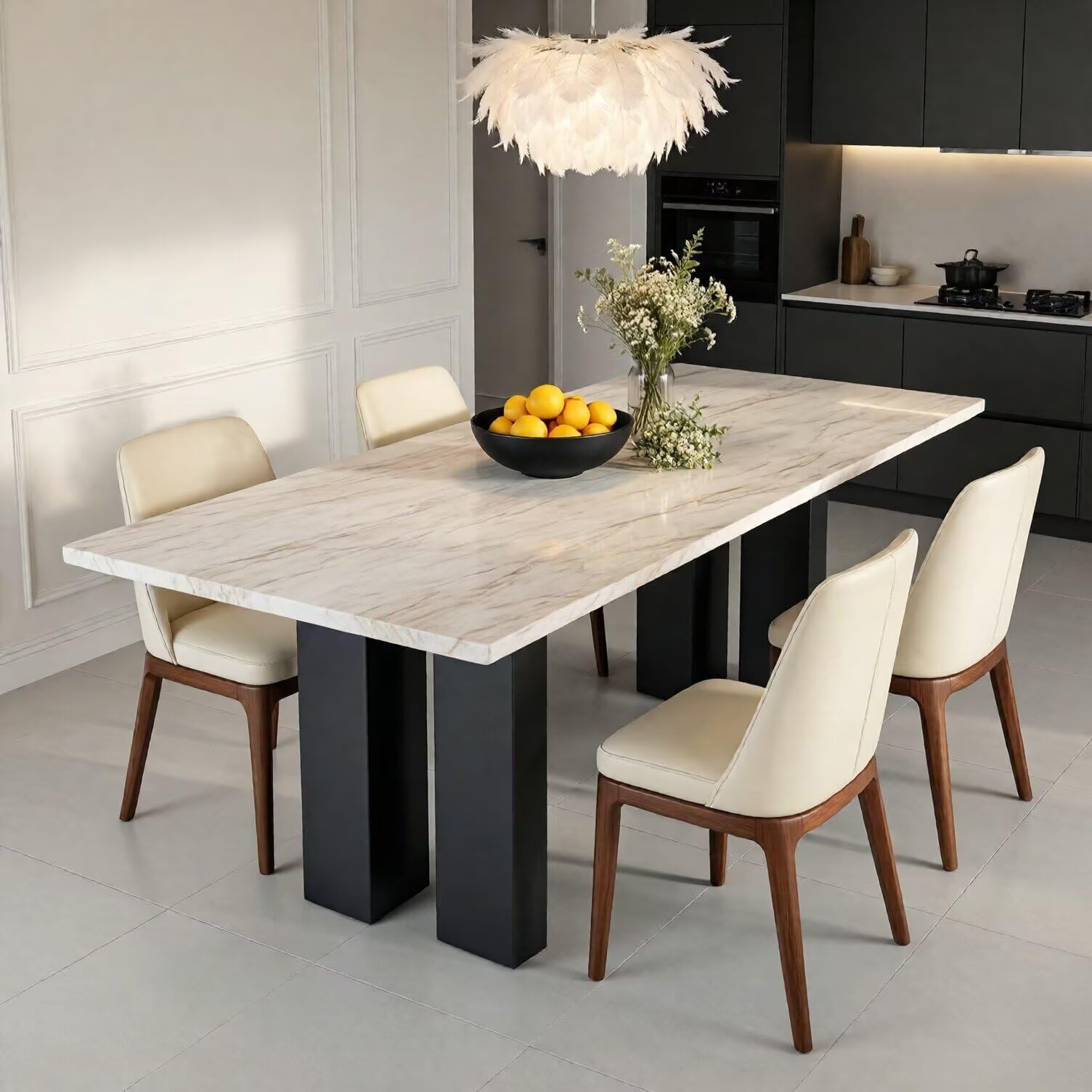 56"-96"Modern Light Marble Dining Table, Contemporary Table with Sleek Black Pedestal Base