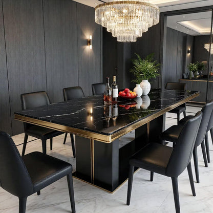 56"-96"Modern Black Marble Dining Table with Gold Accent & Sturdy Base for Large Family Meals