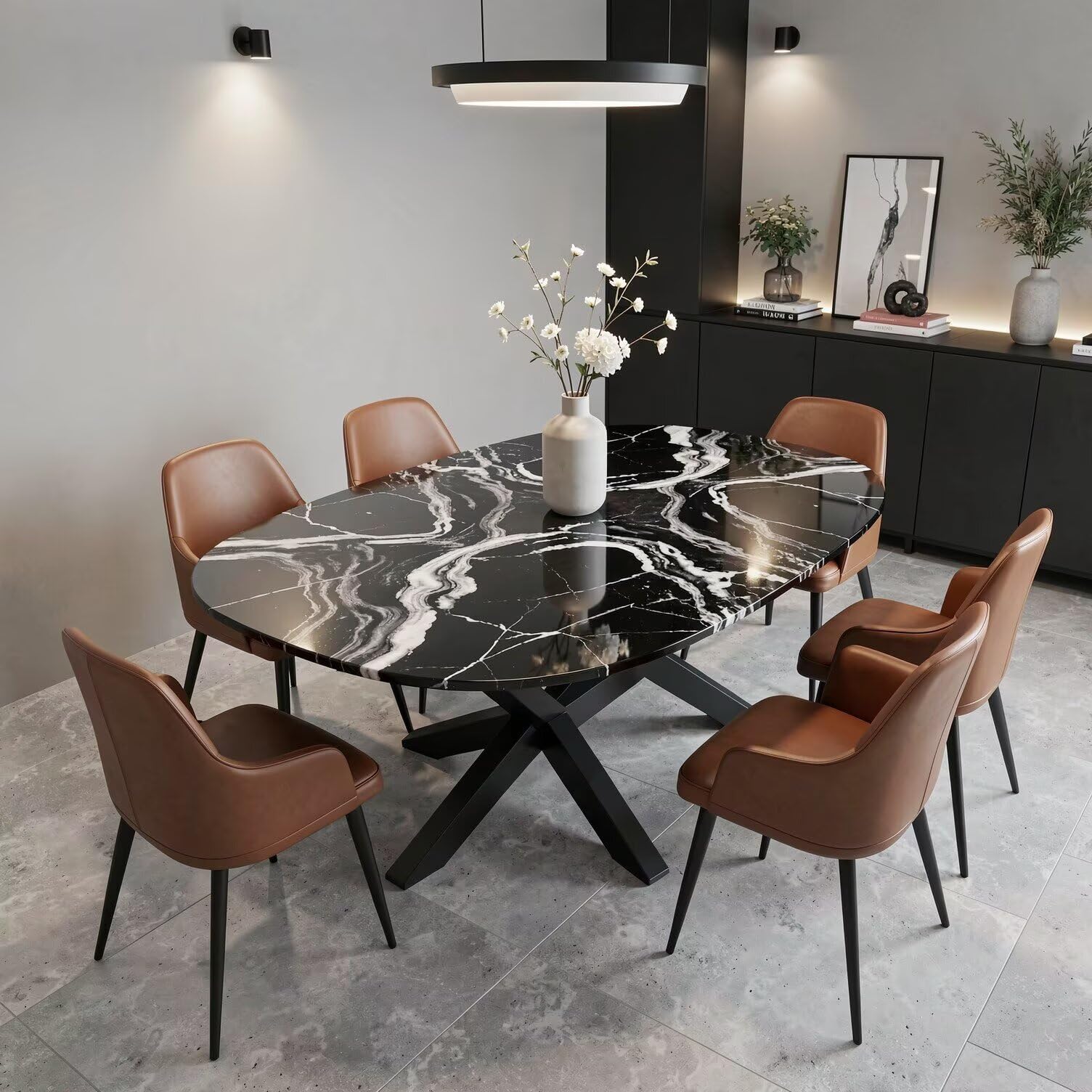56"-96"Modern Oval Black Marble Dining Table, Contemporary Table with Sturdy Metal Base