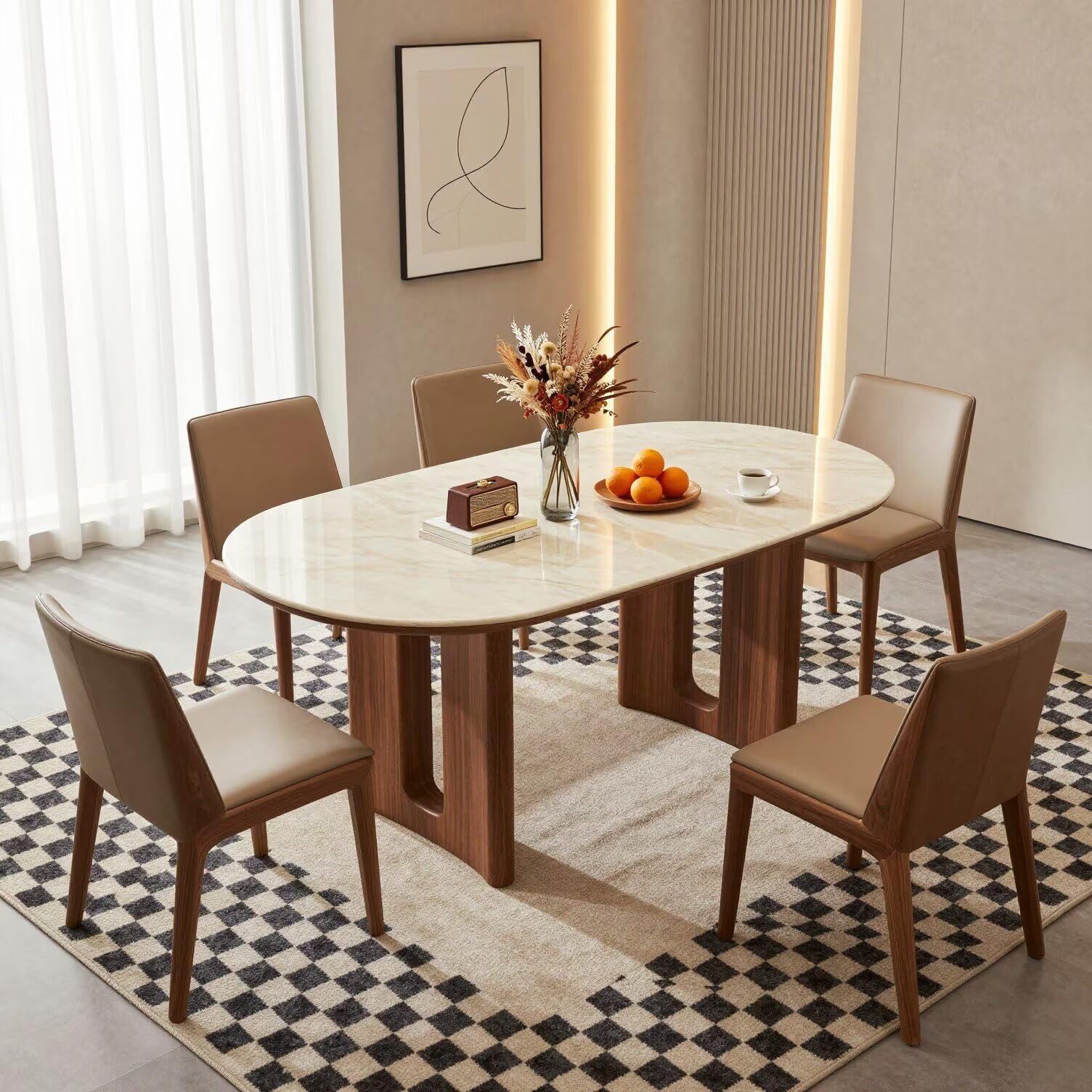 56"-96"Oval Marble Dining Table, Modern Kitchen Table with Solid Walnut Wood Base