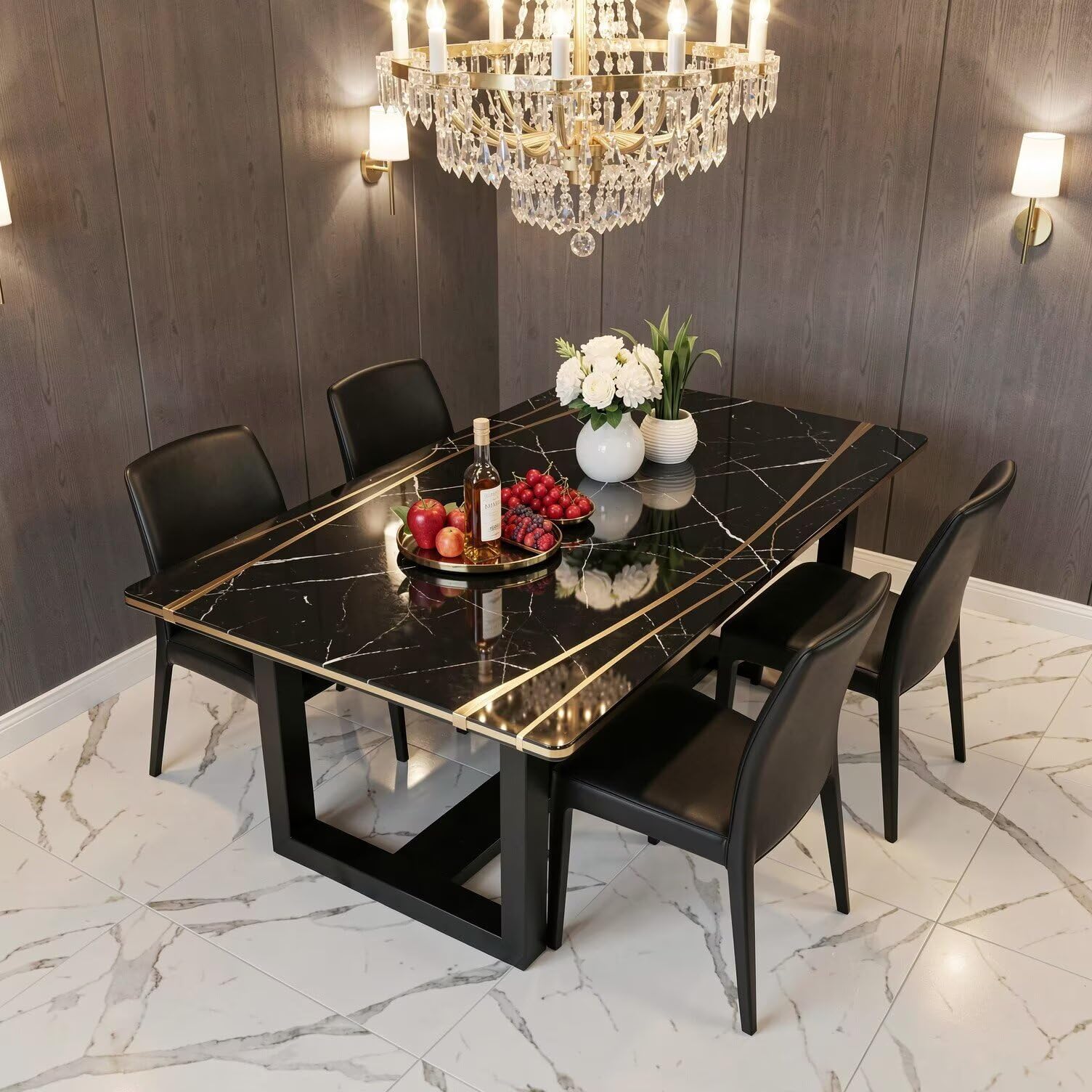 56"-96"Luxury Black Marble Dining Table with Gold Inlay & Sturdy Black Wood Base for Dining Room