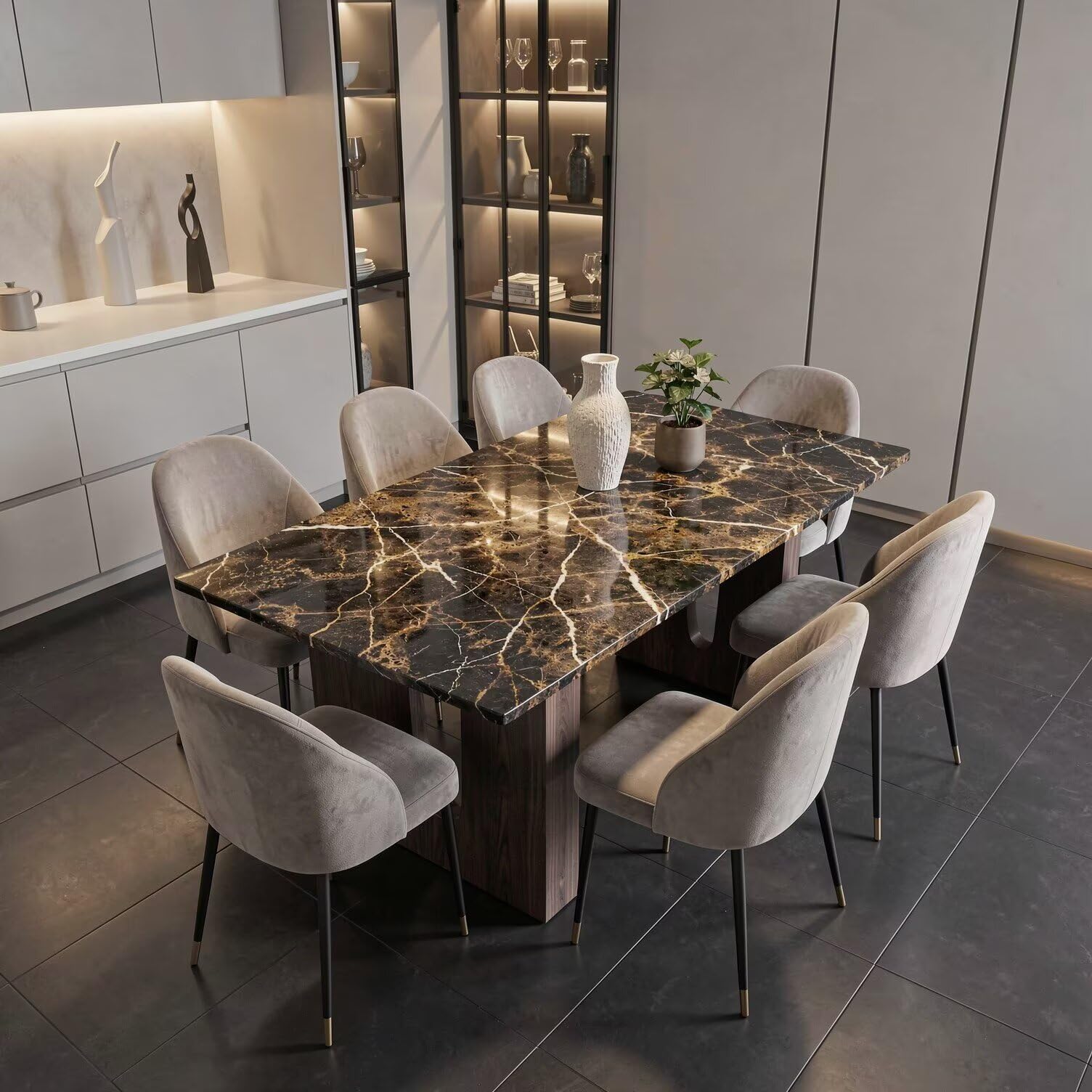 56"-96"Modern Black Gold Marble Dining Table, Rectangular Kitchen Table with Sturdy Wooden Legs for Dining Room