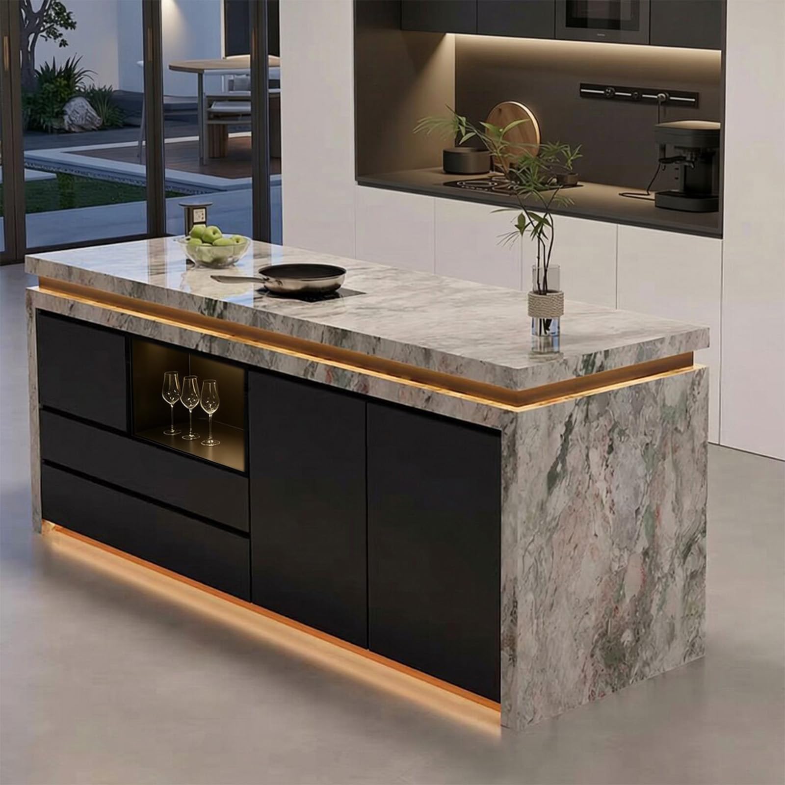 56"-96"Marble Kitchen Island with LED Lighting & Storage Drawers, Modern Kitchen Counter