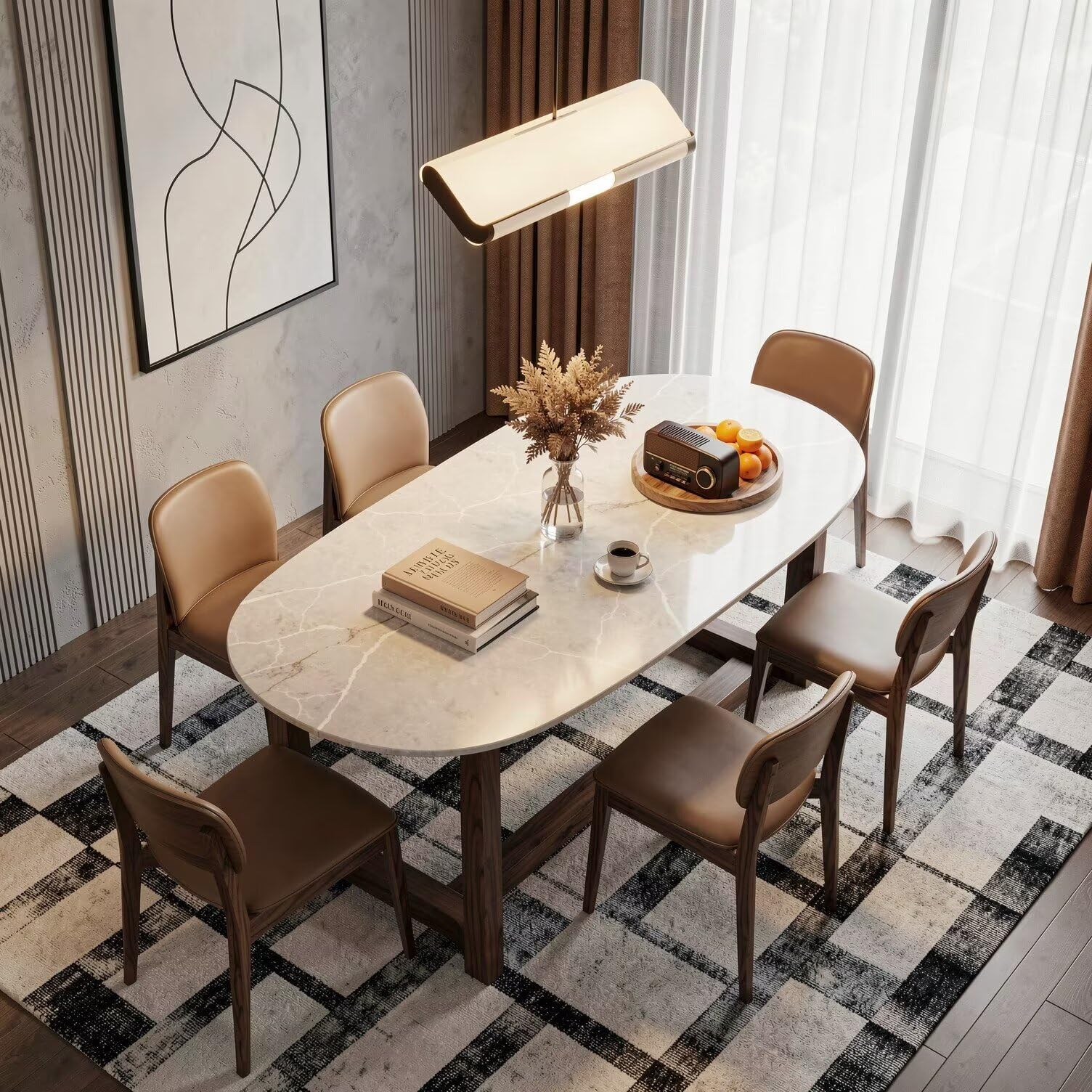 56"-96"Oval White Marble Dining Table, Modern Kitchen Table with Solid Wood Pedestal Base