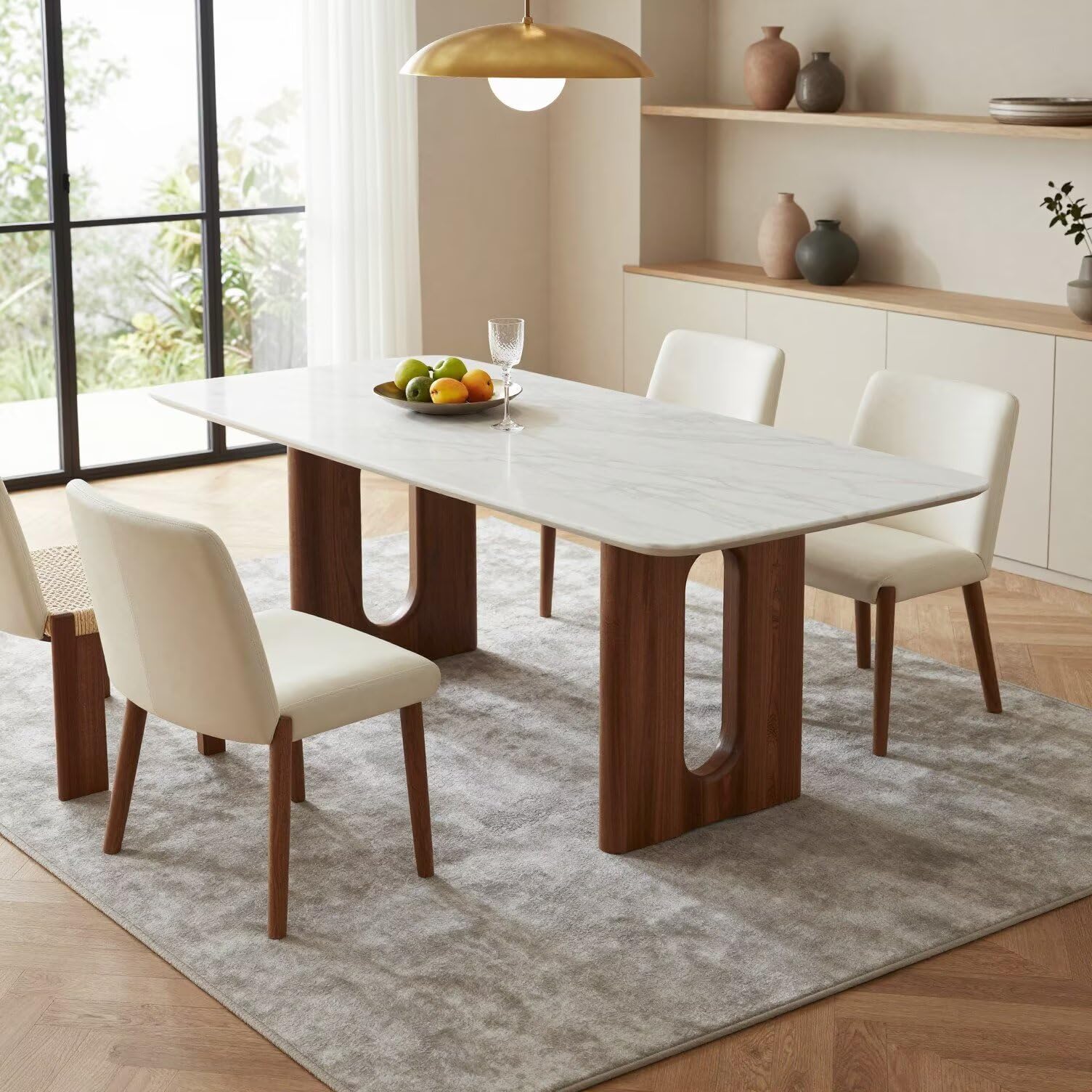 56"-96"Modern White Marble Top Dining Table, Rectangular Kitchen Table with Wood Base