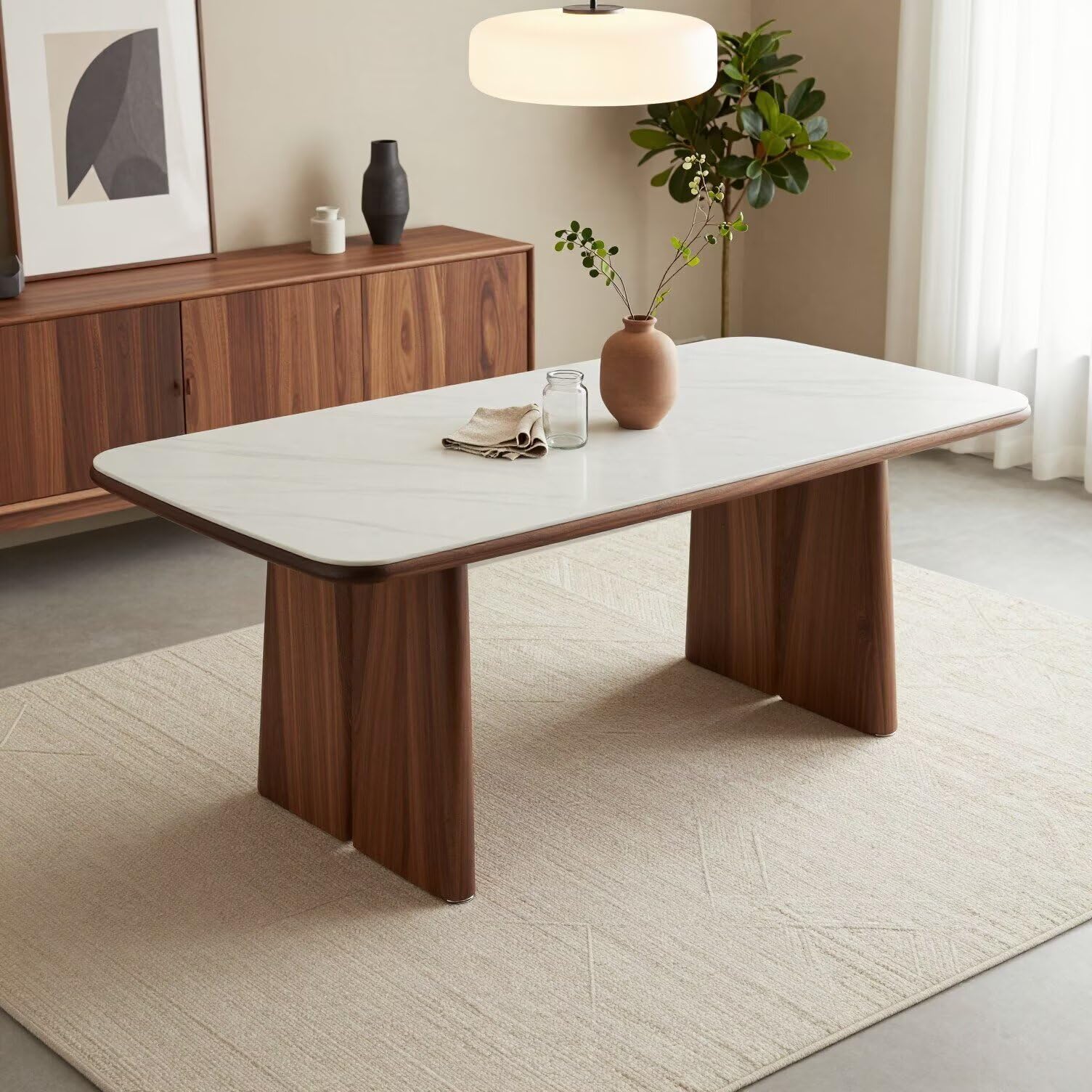 56"-96"Modern White Stone Top Dining Table, Rectangular Table with Walnut Wood Base