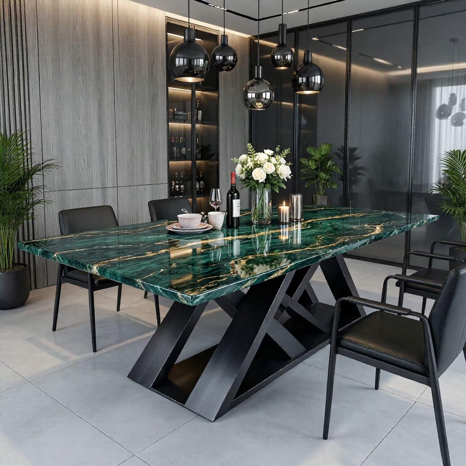 56"-96"Luxury Green Marble Dining Table, Contemporary Rectangular Table with X-Shaped Metal Legs