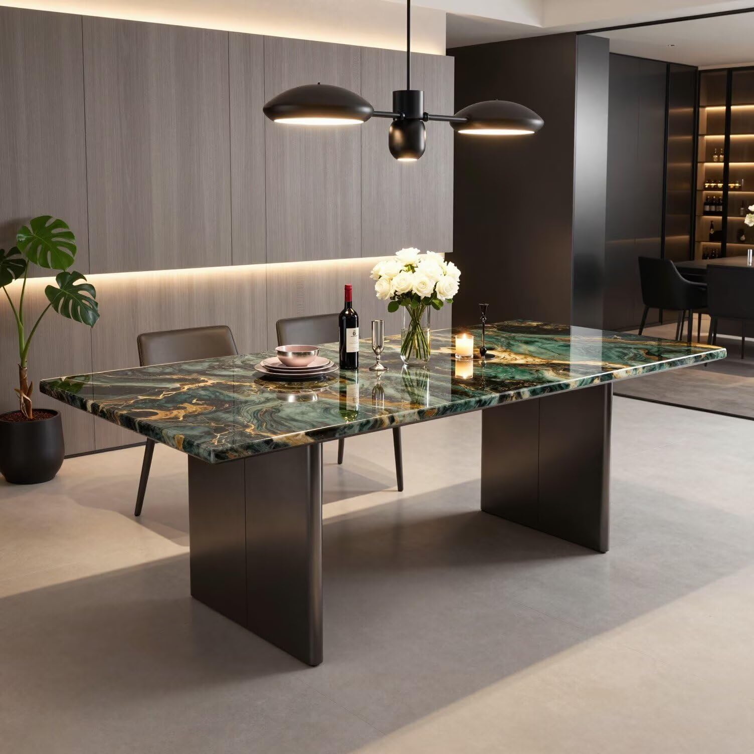 56"-96"Luxury Green Gold Marble Dining Table, Modern Rectangular Kitchen Table with Black Metal Base