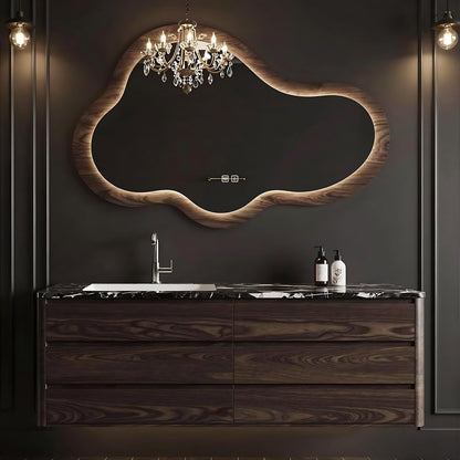 48”-72”Irregular Cloud LED Mirror with Wood Frame, Wall Mounted Lighted Vanity Mirror for Bathroom, Dimmable