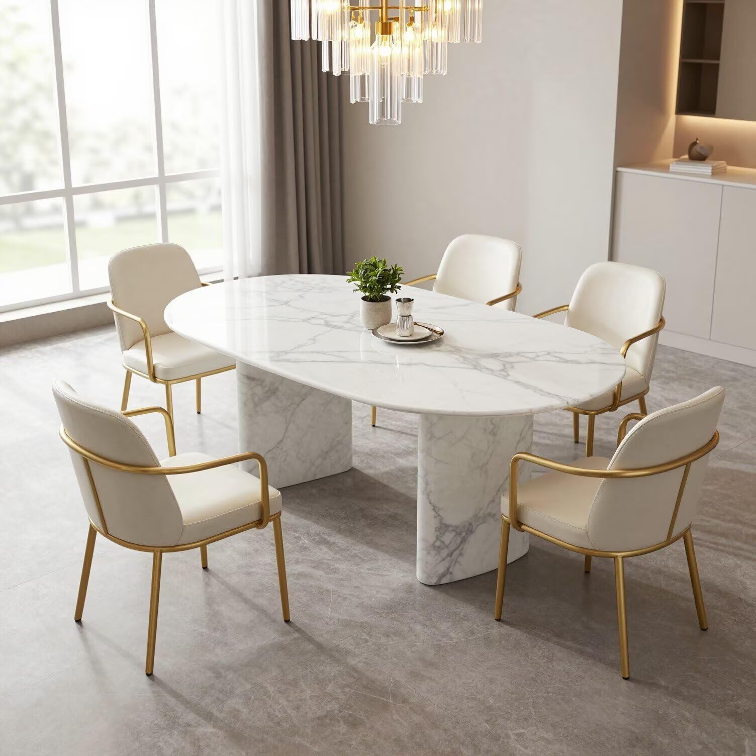 56"-96"Elegant White Marble Oval Dining Table, Sleek Contemporary Dining Room Table