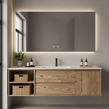 40"-64"Floating Oak Bathroom Vanity with Open Shelf & LED Backlit Mirror Cabinet
