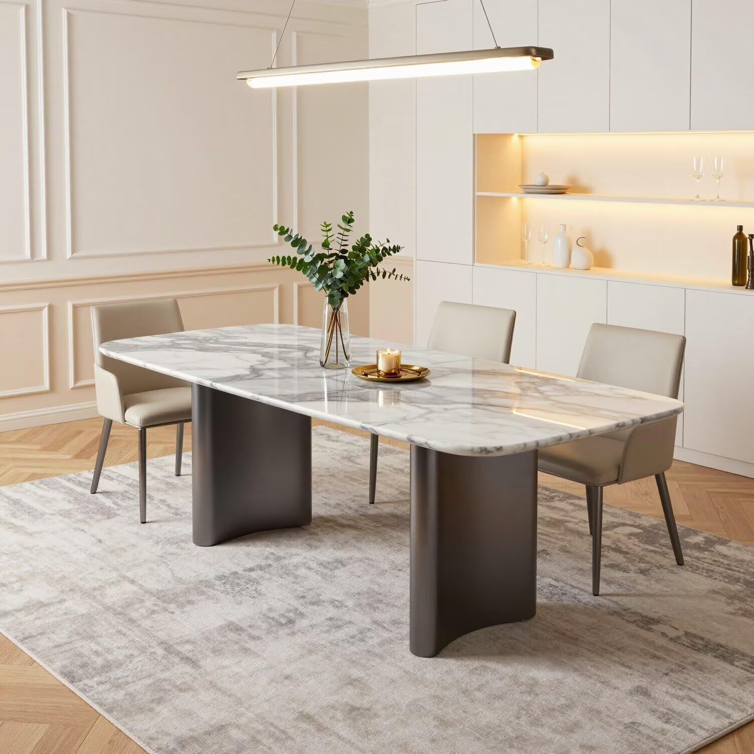 56"-96"Modern Marble Dining Table, Rectangular White Marble Table with Sleek Metal Legs