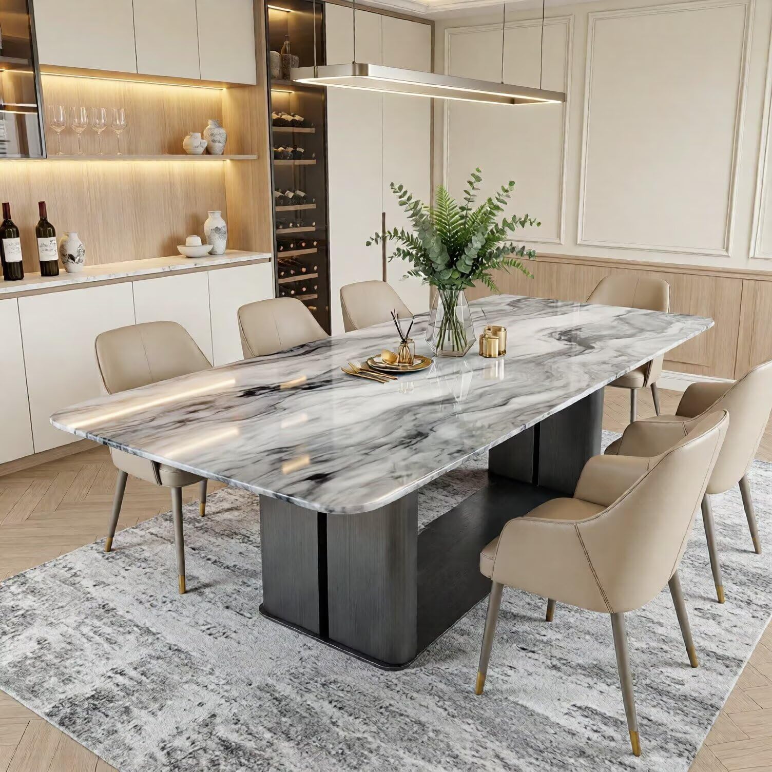 56"-96"Modern Marble Dining Table, Rectangular Table with Sleek Metal Base for Dining Room