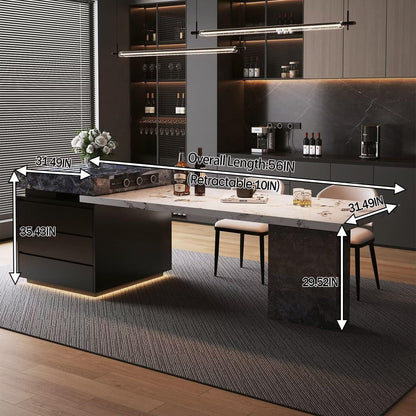 56"-96"Elegant 2-in-1 Marble Kitchen Island with Dining Table & Hidden Storage