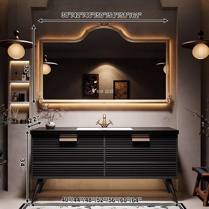 40”-64”Single Sink Freestanding Bathroom Vanity with Ornate LED Mirror, Black Fluted Cabinet
