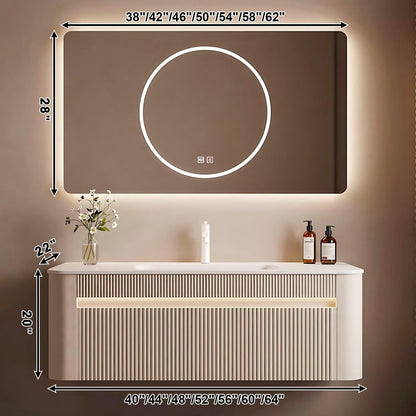 40”-64” Floating Bathroom Vanity with LED Round Defog Mirror, Wall Mounted Cream White Vanity Combo with Storage Drawers, Modern Cabinet