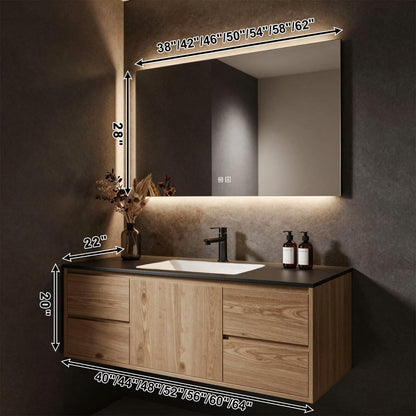 40”-64”Wall Mounted Bathroom Vanity with LED Mirror, Wood Floating Cabinet with Ceramic Sink, Modern Storage Set, Natural