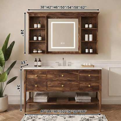 40”-64”Single Sink Freestanding Bathroom Vanity, Walnut Cabinet with LED Mirror & Hutch