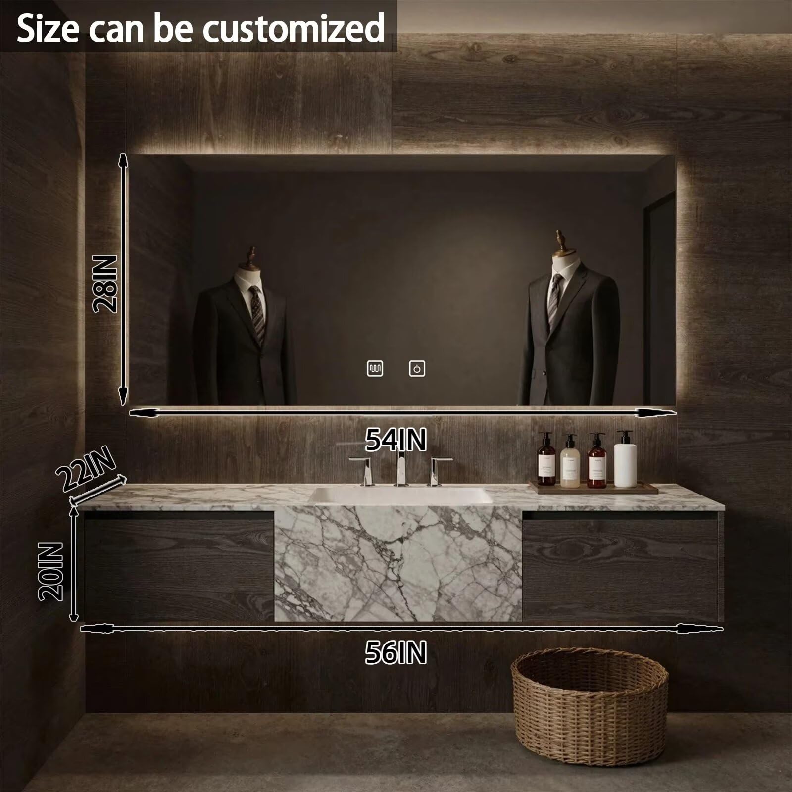 52”-72”Single Sink Floating Bathroom Vanity with LED Backlit Mirror, Dark Marble & Wood Cabinet