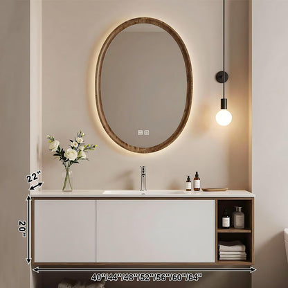 40”-64”Floating Bathroom Vanity with Oval LED Defog Mirror, Wall Mounted White Vanity with Open Storage Shelf