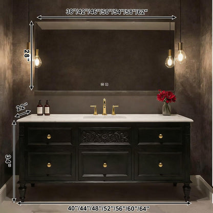 40”-64”Single Sink Freestanding Bathroom Vanity, Black Carved Cabinet with Gold Hardware