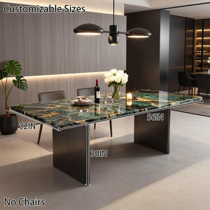 56"-96"Luxury Green Gold Marble Dining Table, Modern Rectangular Kitchen Table with Black Metal Base