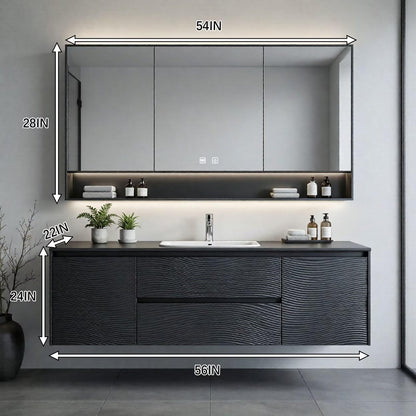36”-58”Floating Black Bathroom Vanity with Wavy Texture & LED Lighted Mirror Cabinet