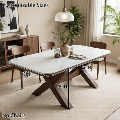 56"-96"Modern White Stone Top Dining Table, Contemporary Table with Sturdy Wooden X-Legs