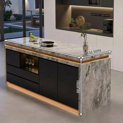 56"-96"Marble Kitchen Island with LED Lighting & Storage Drawers, Modern Kitchen Counter
