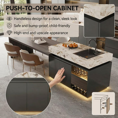 56"-96"Contemporary Kitchen Island with Sink, Wine Rack & Integrated Dining Table
