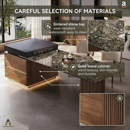 56"-96"Luxury Marble & Wood Kitchen Island with Integrated Dining Table & Storage