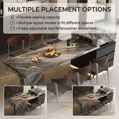 56"-96"Marble Kitchen Island with Dining Table, Wireless Charging & LED Lighting