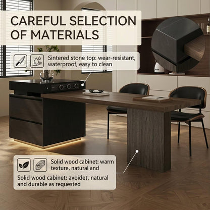 56"-96"Modern Wood Kitchen Island with Integrated Dining Table & LED Lighting