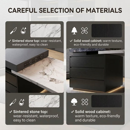 56"-96"Elegant 2-in-1 Marble Kitchen Island with Dining Table & Hidden Storage