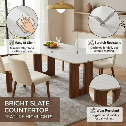 56"-96"Modern White Marble Top Dining Table, Rectangular Kitchen Table with Wood Base