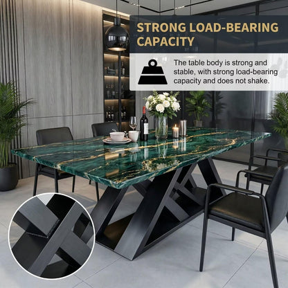 56"-96"Luxury Green Marble Dining Table, Contemporary Rectangular Table with X-Shaped Metal Legs